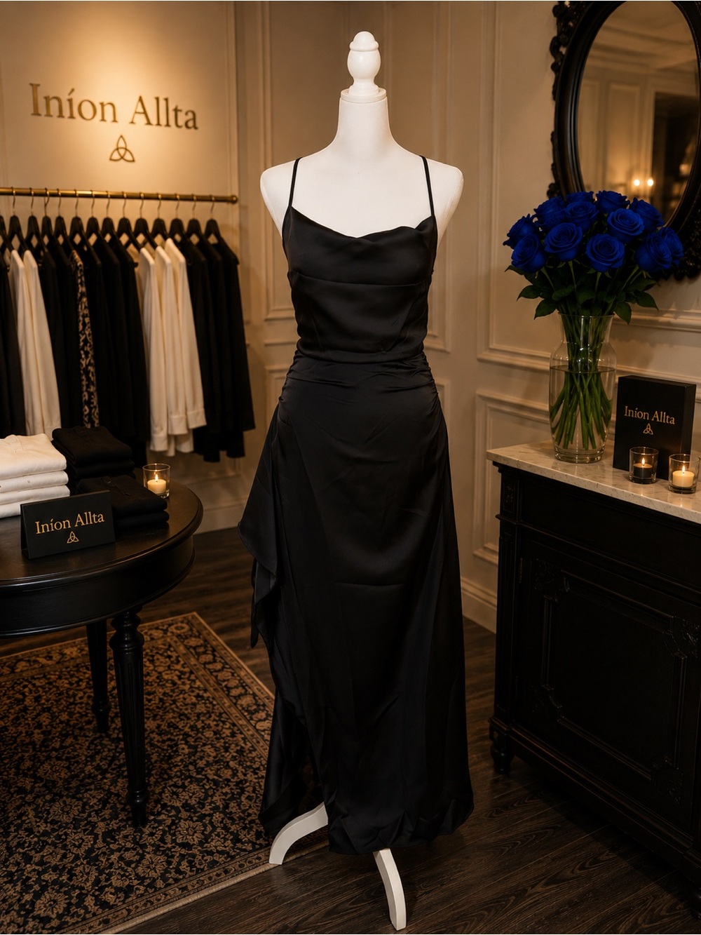 Black Satin Slip Dress with Cowl Neck